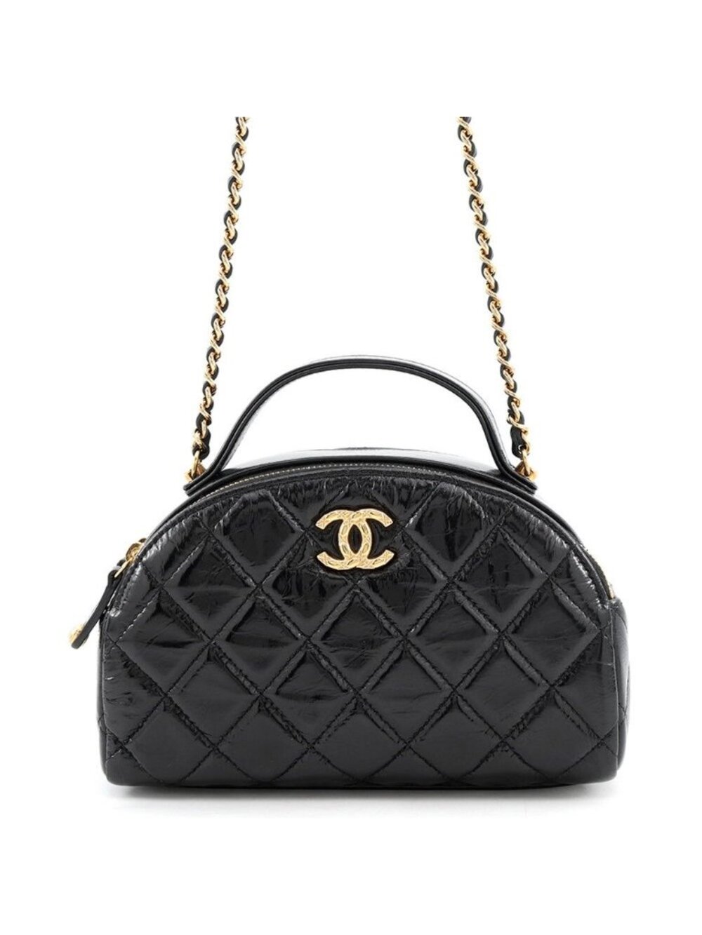 Chanel Chain Shoulder Bag Quilted CC Logo Dome Shape Leather Black